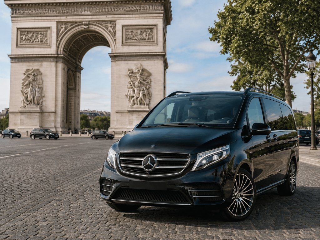 Van executiva VIP Mercedes Classe V da Mineiro Transfer em frente ao Arco do Triunfo